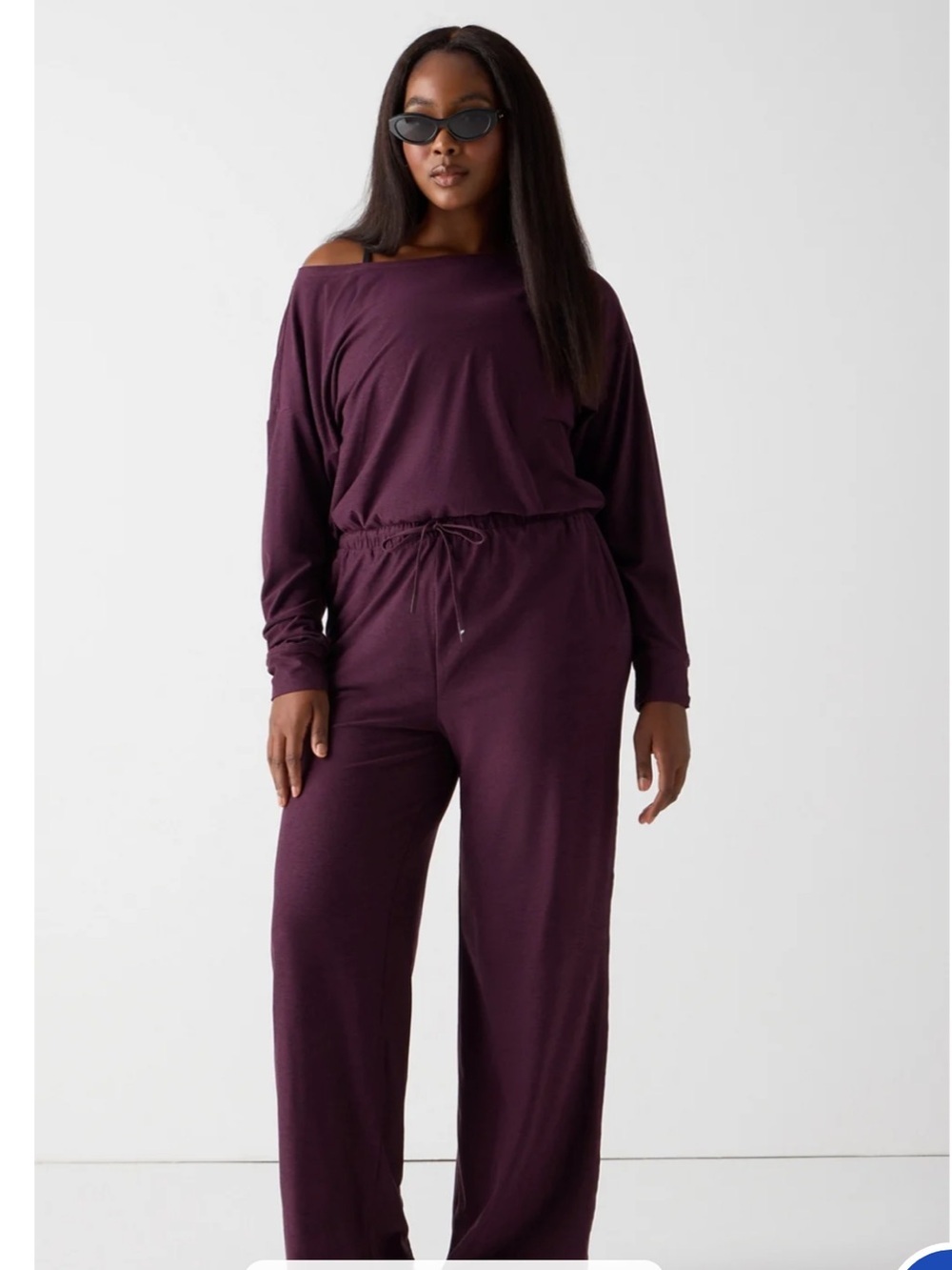 NWT Fabletics Cloud Jersey Off-Shoulder Wide-Leg Jumpsuit Onesie Oxblood Heather